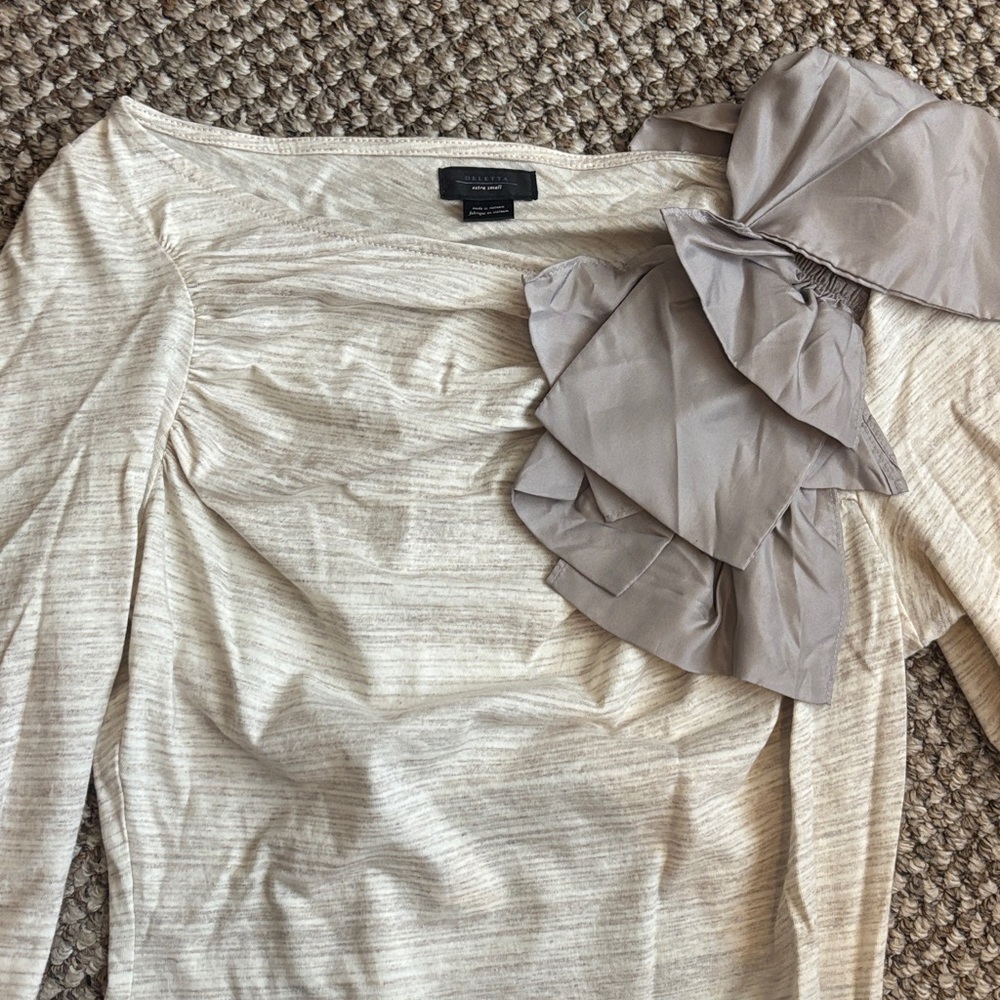 Deletta Cream Long Sleeve Top with Taupe Ruffle Accent